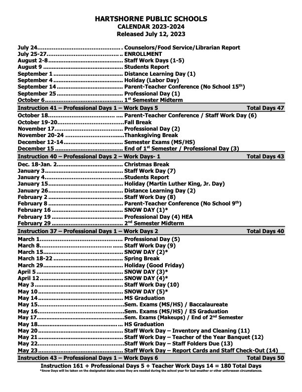 Hartshorne School Calendar 2023-2024